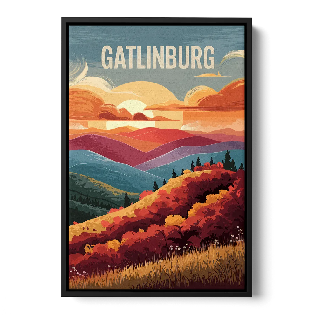 Gatlinburg Sunset Over Hills Front - Black Canvas Wall Art