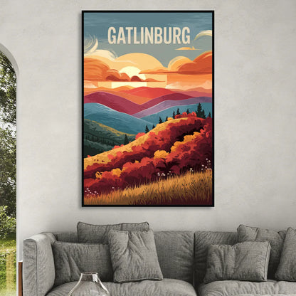 Gatlinburg Sunset Over Hills Sitting Room - Black Canvas Wall Art