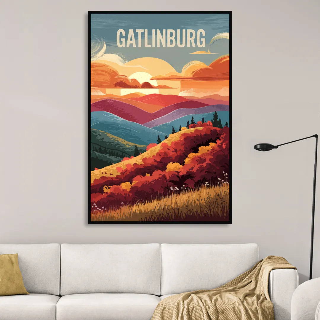 Gatlinburg Sunset Over Hills Living Room - Black Canvas Wall Art