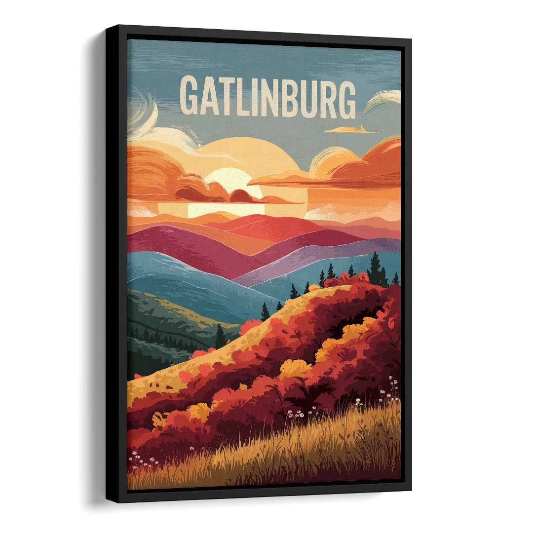 Gatlinburg Sunset Over Hills Side - Black Canvas Wall Art