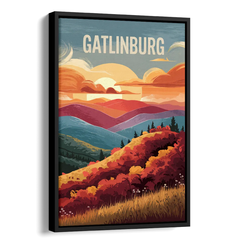 Gatlinburg Sunset Over Hills Side - Black Canvas Wall Art