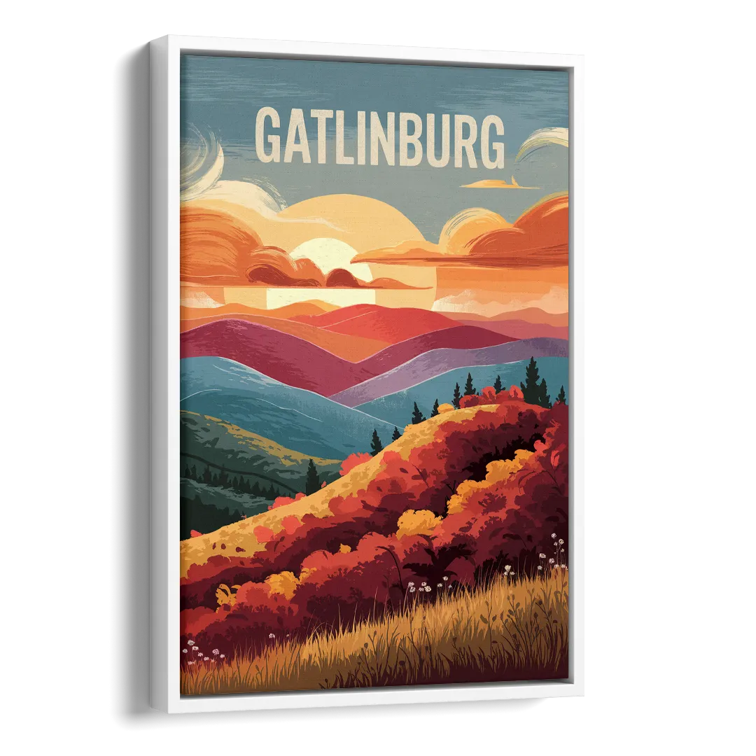 Gatlinburg Sunset Over Hills Side - White Canvas Wall Art