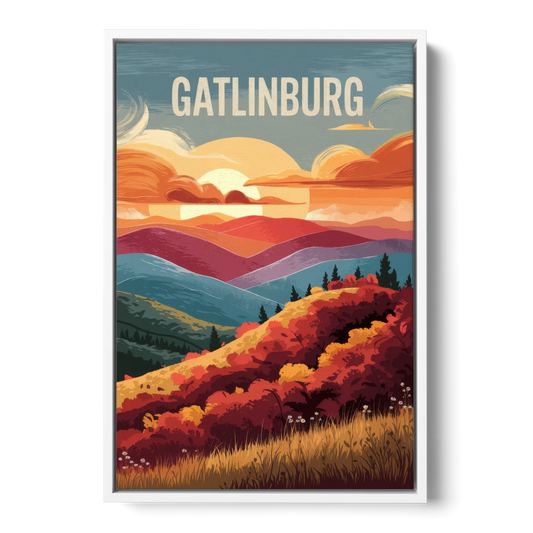 Gatlinburg Sunset Over Hills - White Framed Canvas Wall Art - Front