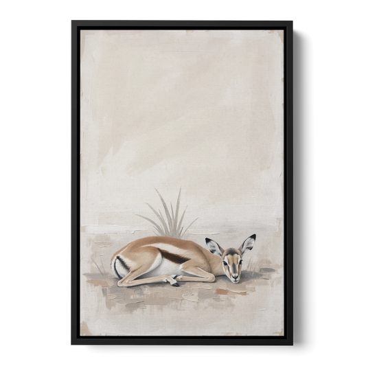 Gazelle Fawn Lying Low in Hiding - Black Framed Canvas Wall Art - Front