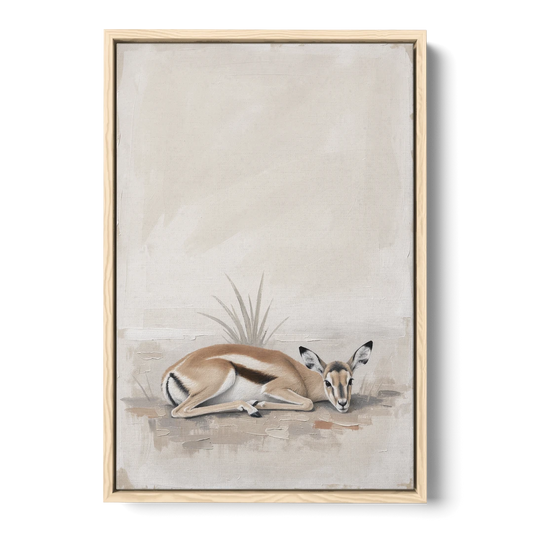 Gazelle Fawn Lying Low in Hiding - Oak Framed Canvas Wall Art - Front