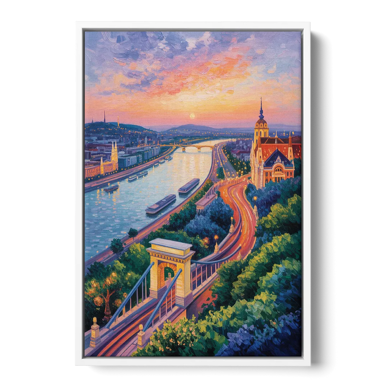 Gellért Hill Sunset Front - White Canvas Wall Art