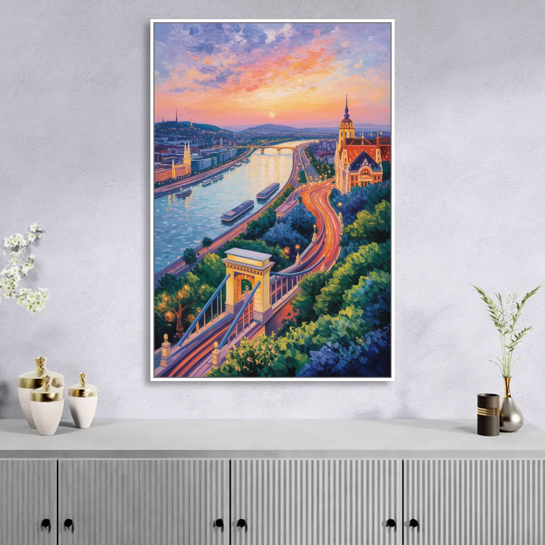 Gellért Hill Sunset Sitting Room - White Canvas Wall Art