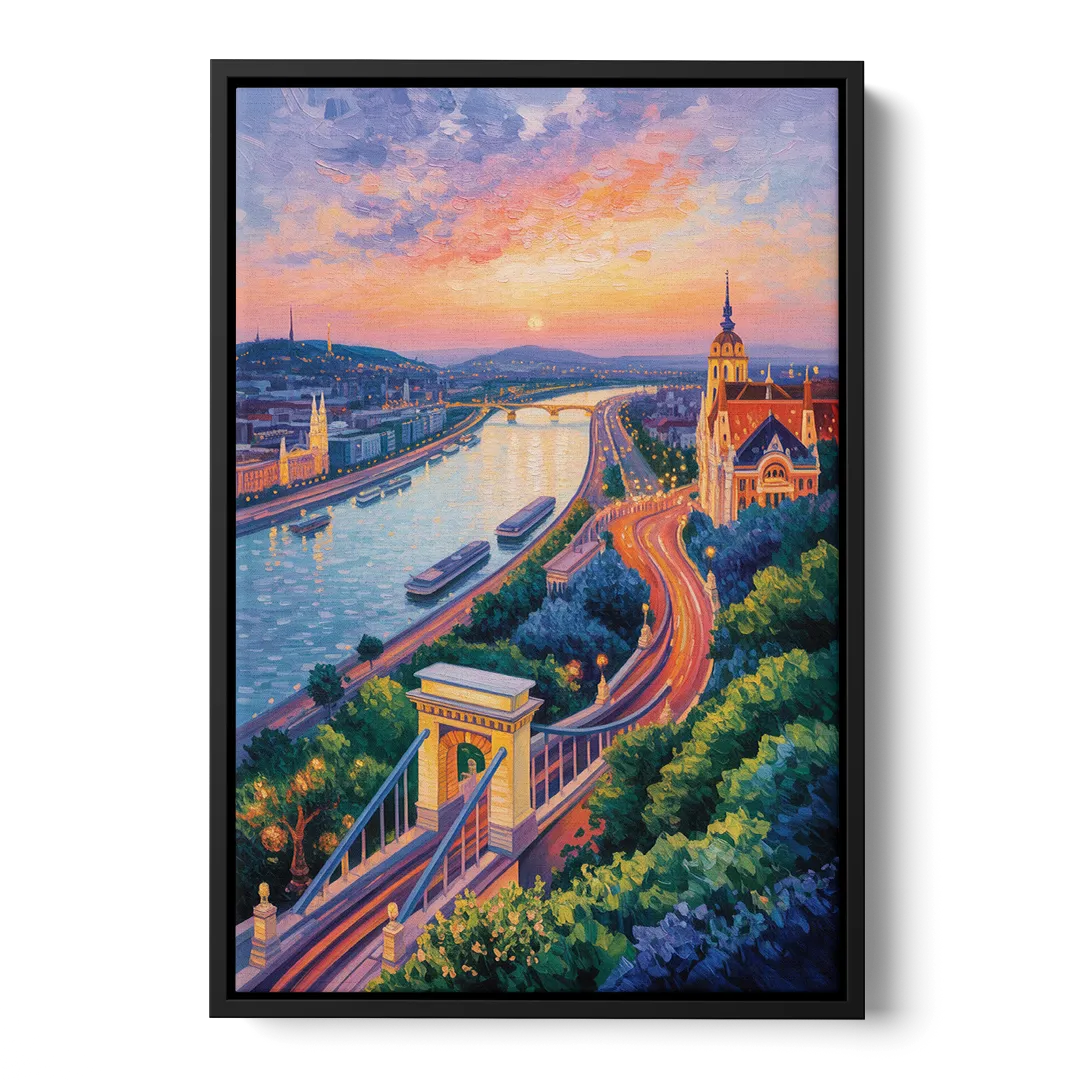 Gellért Hill Sunset Front - Black Canvas Wall Art