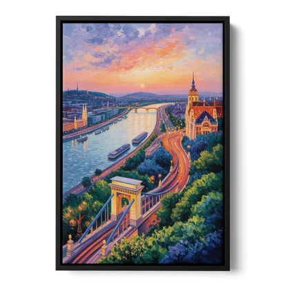 Gellért Hill Sunset Front - Black Canvas Wall Art