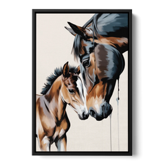 Gentle Horse and Foal Bonding - Black Framed Canvas Wall Art - Front