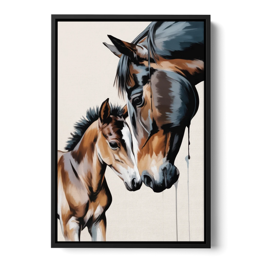 Gentle Horse and Foal Bonding - Black Framed Canvas Wall Art - Front