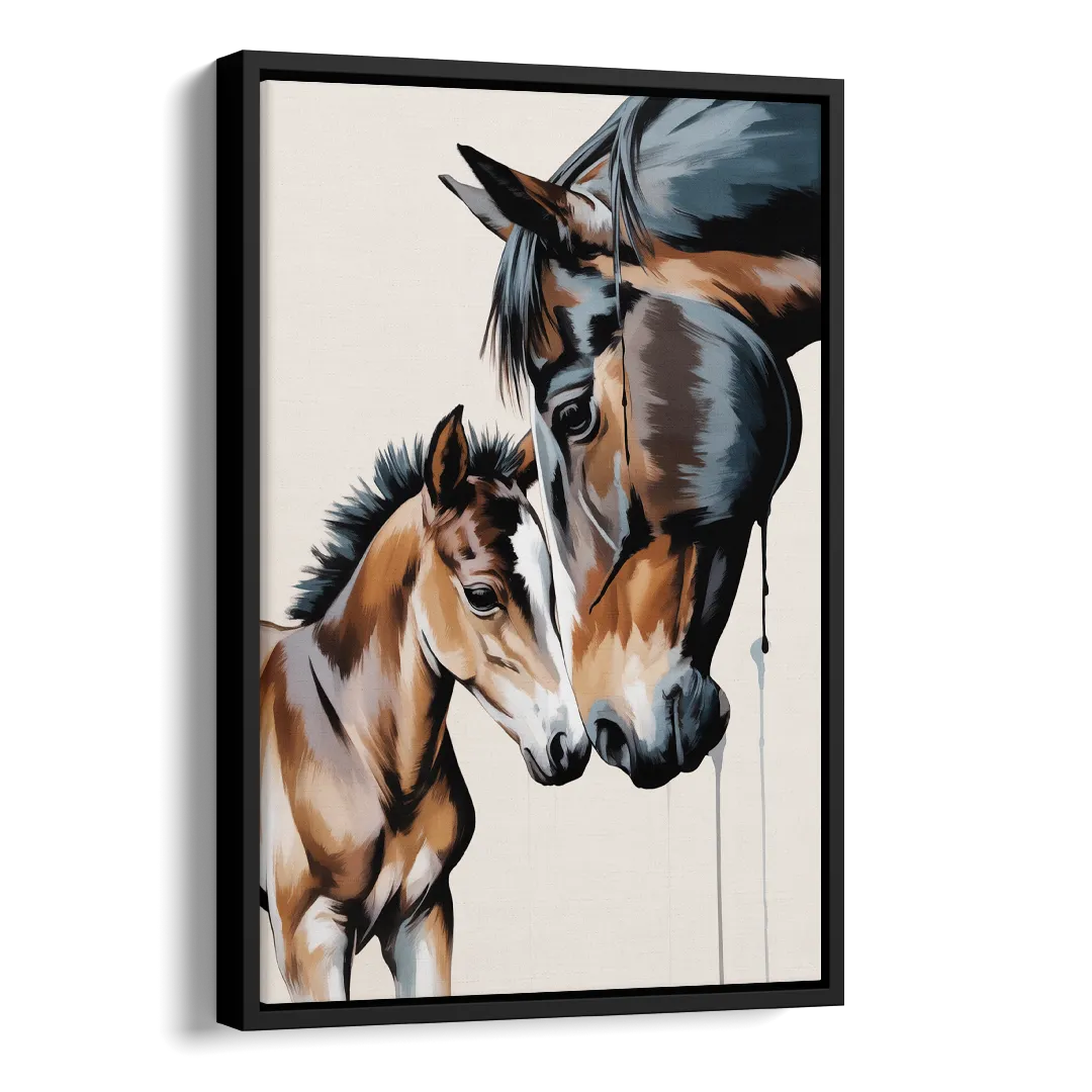 Gentle Horse and Foal Bonding Side - Black Canvas Wall Art