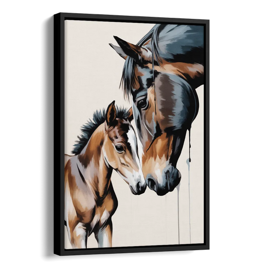 Gentle Horse and Foal Bonding Side - Black Canvas Wall Art