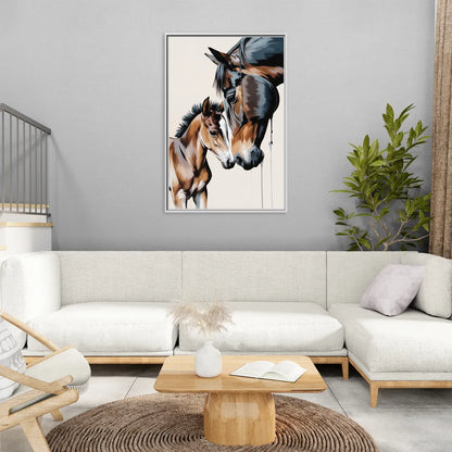 Gentle Horse and Foal Bonding - Living Room White Frame Canvas
