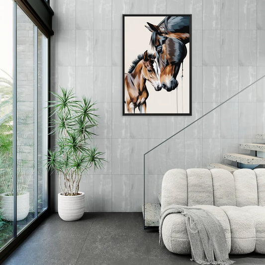 Gentle Horse and Foal Bonding - Living Room Black Frame Canvas