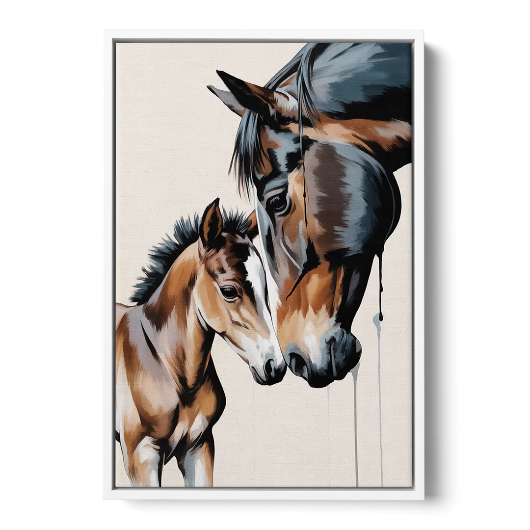 Gentle Horse and Foal Bonding - White Frame Canvas