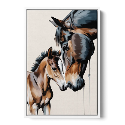Gentle Horse and Foal Bonding - White Frame Canvas