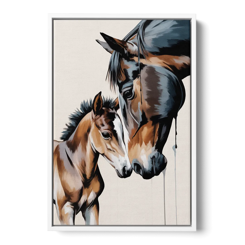 Gentle Horse and Foal Bonding Front - White Canvas Wall Art