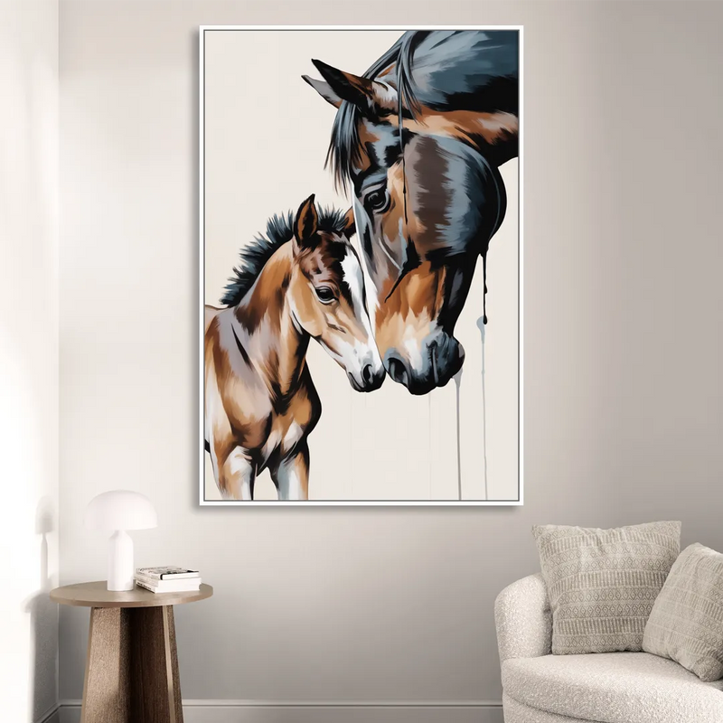 Gentle Horse and Foal Bonding Living Room - White Canvas Wall Art