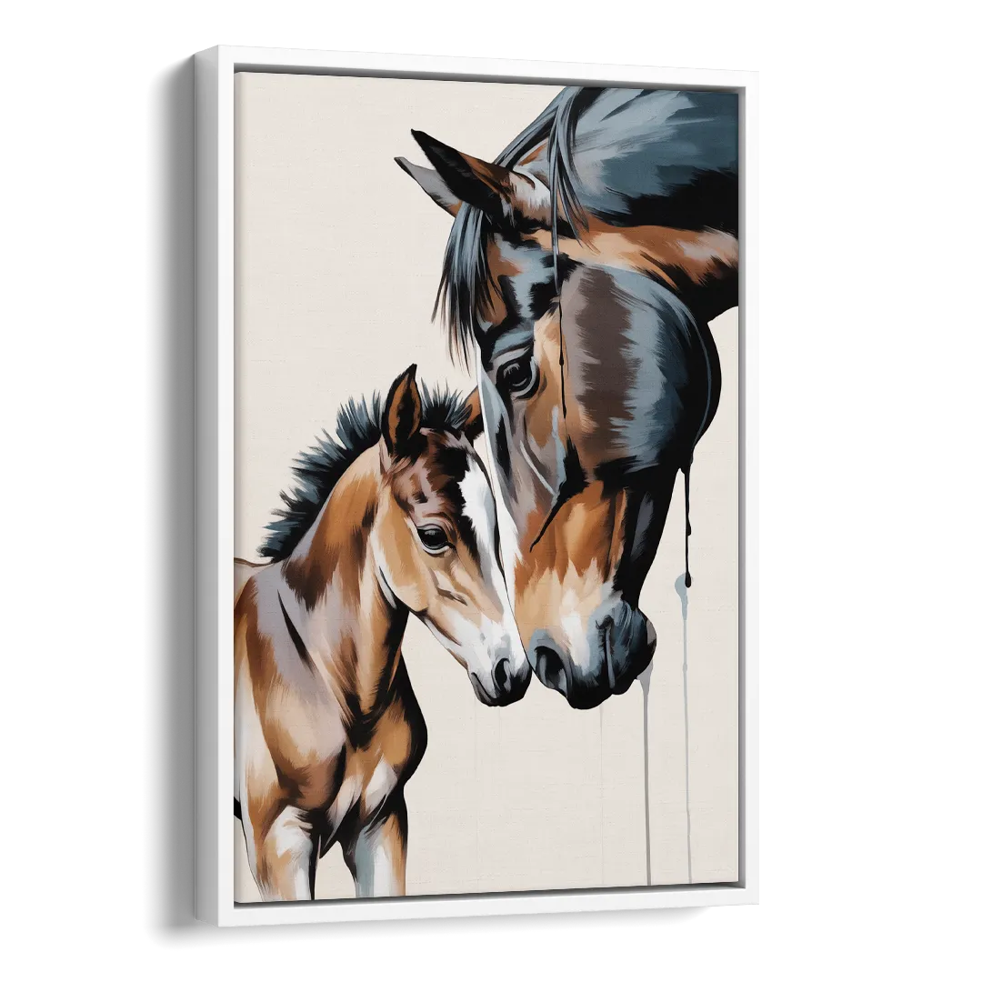 Gentle Horse and Foal Bonding Side - White Canvas Wall Art