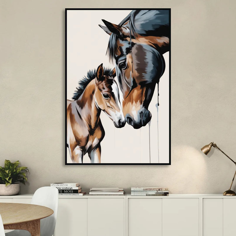 Gentle Horse and Foal Bonding Living Room - Black Canvas Wall Art