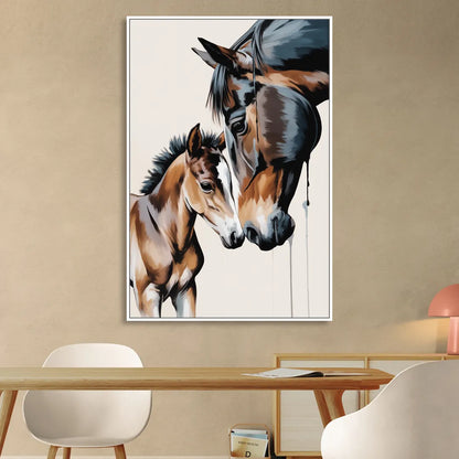 Gentle Horse and Foal Bonding Sitting Room - White Canvas Wall Art