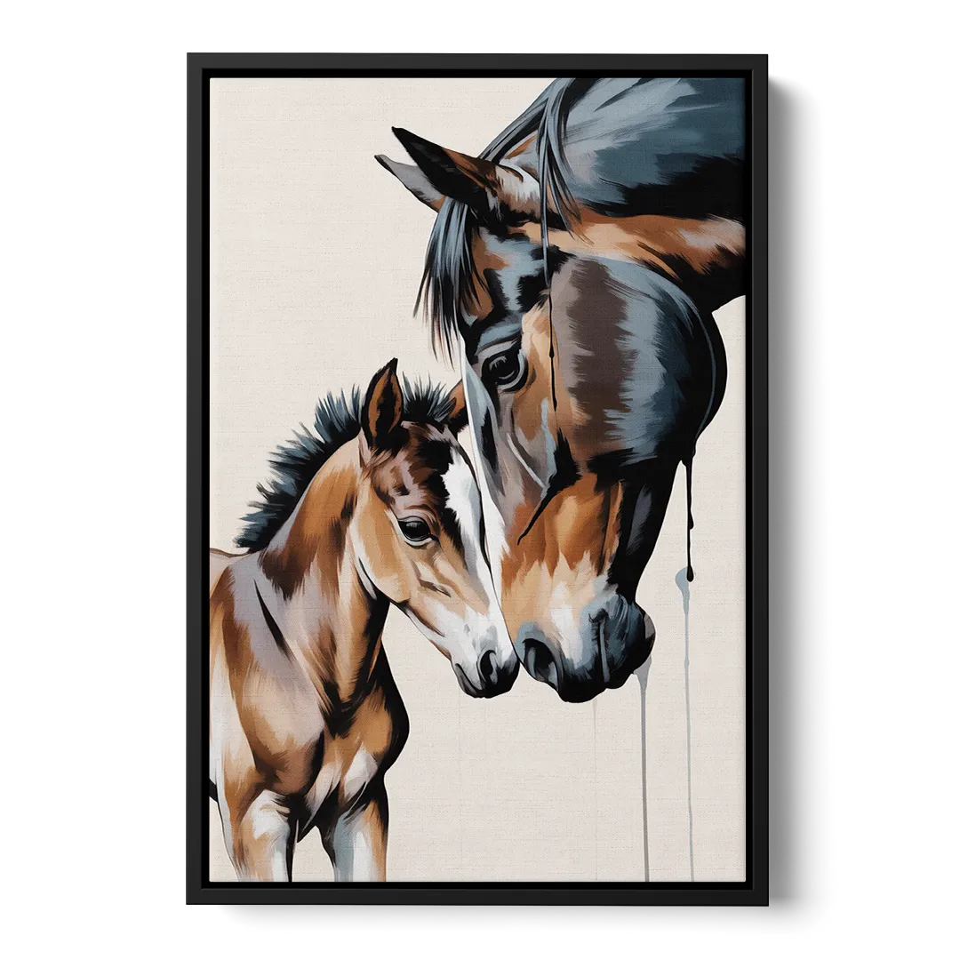 Gentle Horse and Foal Bonding Front - Black Canvas Wall Art