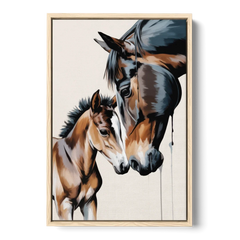 Gentle Horse and Foal Bonding - Oak Framed Canvas Wall Art - Front