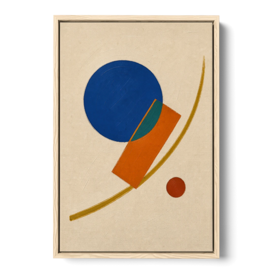 Geometric Abstract Art with Cobalt Sun and Tail Fin - Oak Framed Canvas Wall Art - Front