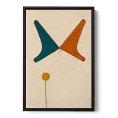 Geometric Abstract Painting of Crossed Teal and Orange Boomerangs - Black Framed Canvas Wall Art - Front