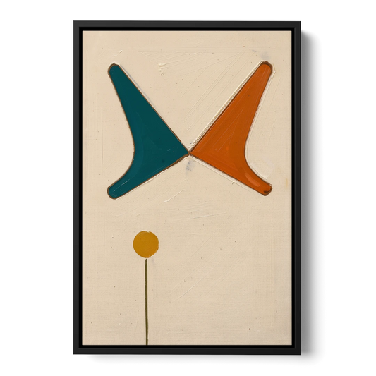 Geometric Abstract Painting of Crossed Teal and Orange Boomerangs - Black Framed Canvas Wall Art - Front