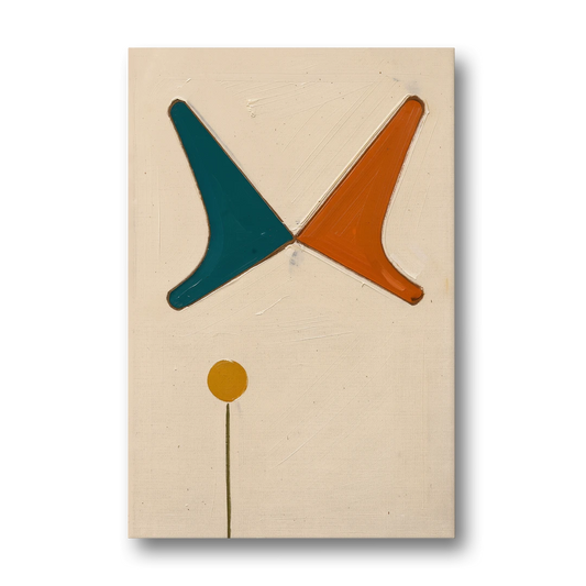 Geometric Abstract Painting of Crossed Teal and Orange Boomerangs - Canvas Wall Art - Front
