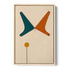 Geometric Abstract Painting of Crossed Teal and Orange Boomerangs - Oak Framed Canvas Wall Art - Front