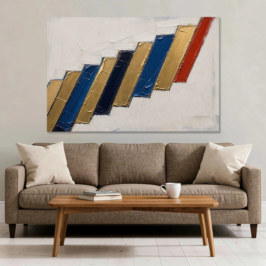 Geometric Abstract Wall Art in Cobalt and Gold Steps - Canvas Wall Art - Sofa - 60x40