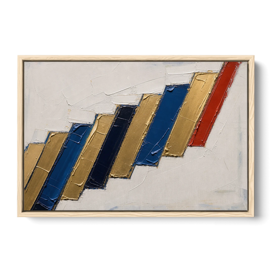 Geometric Abstract Wall Art in Cobalt and Gold Steps - Oak Framed Canvas Wall Art - Front