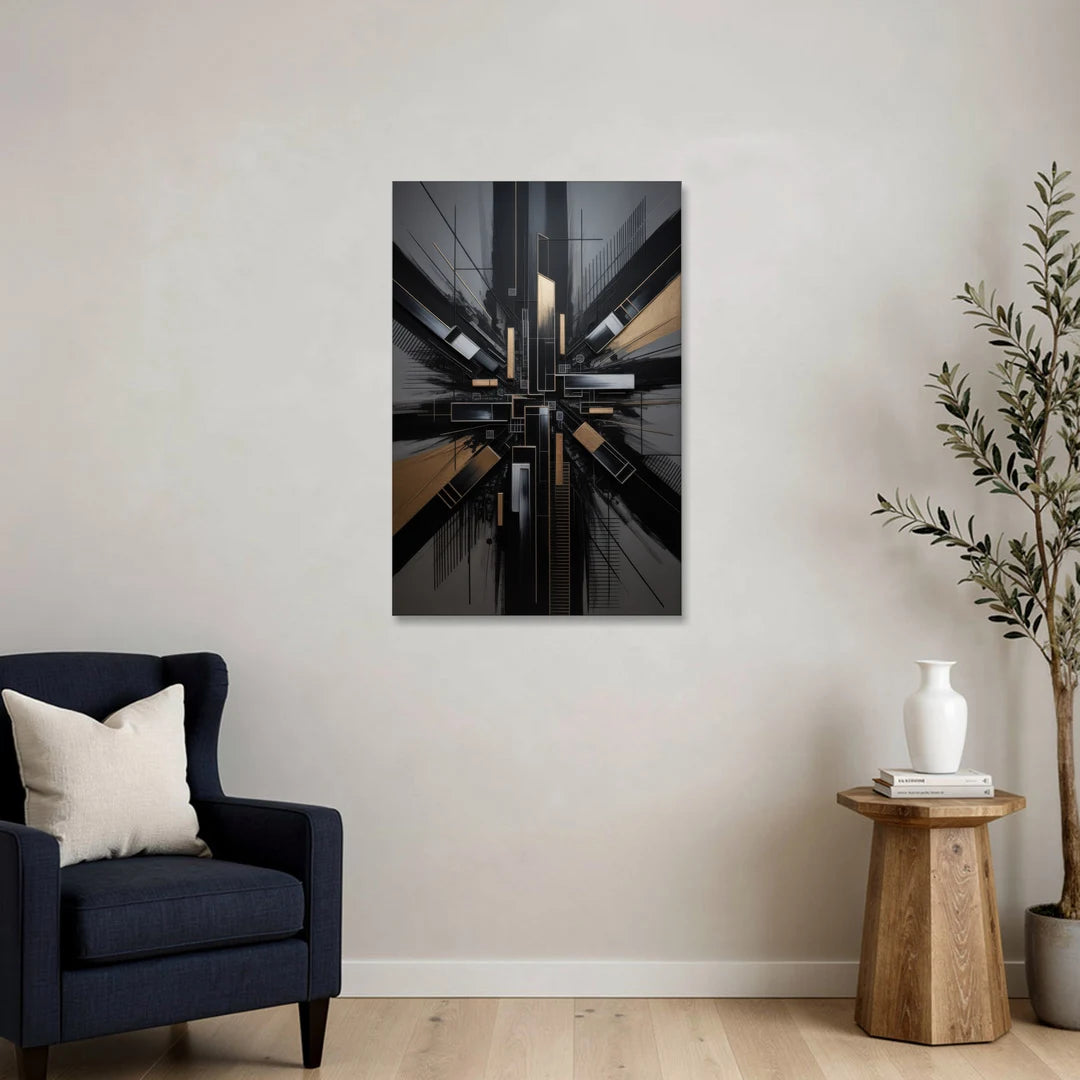 Geometric Cityscape Black Abstract - Canvas Wall Art - Sofa - 24x36