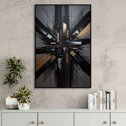 Geometric Cityscape Black Abstract Living Room - Black Canvas Wall Art