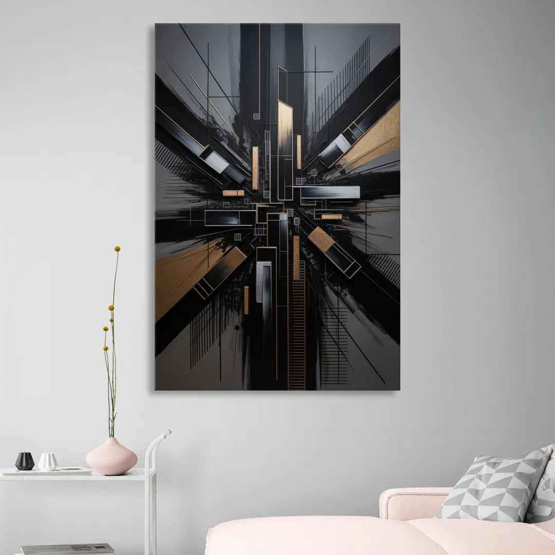 Geometric Cityscape Black Abstract Sitting Room - Canvas Wall Art