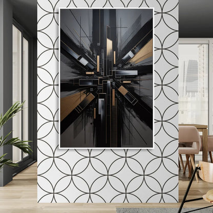 Geometric Cityscape Black Abstract Sitting Room - White Canvas Wall Art