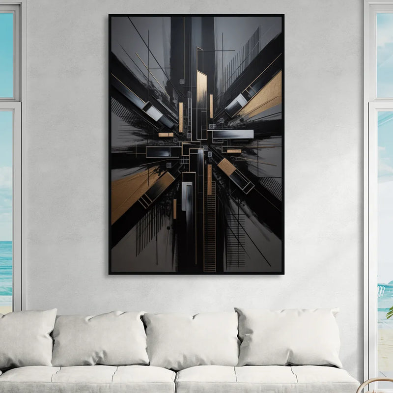 Geometric Cityscape Black Abstract Sitting Room - Black Canvas Wall Art