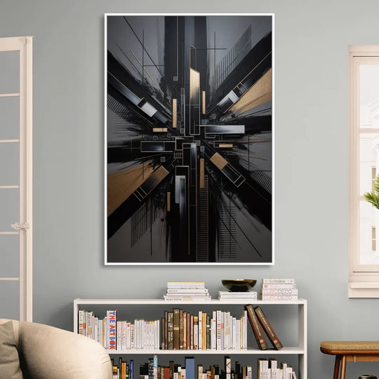 Geometric Cityscape Black Abstract Living Room - White Canvas Wall Art