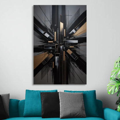 Geometric Cityscape Black Abstract Living Room - Canvas Wall Art