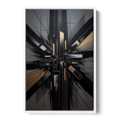 Geometric Cityscape Black Abstract - White Frame Canvas