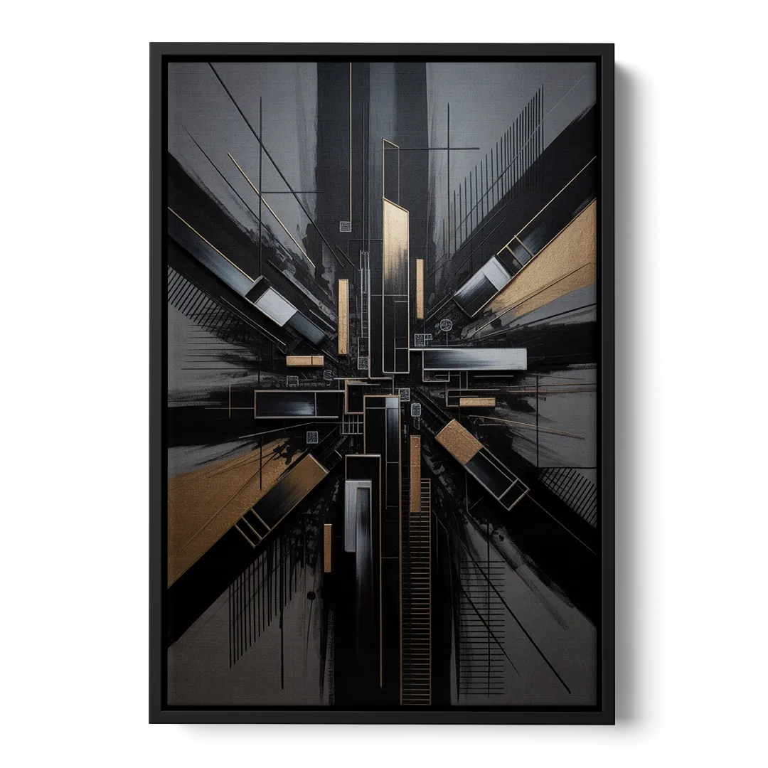 Geometric Cityscape Black Abstract Front - Black Canvas Wall Art