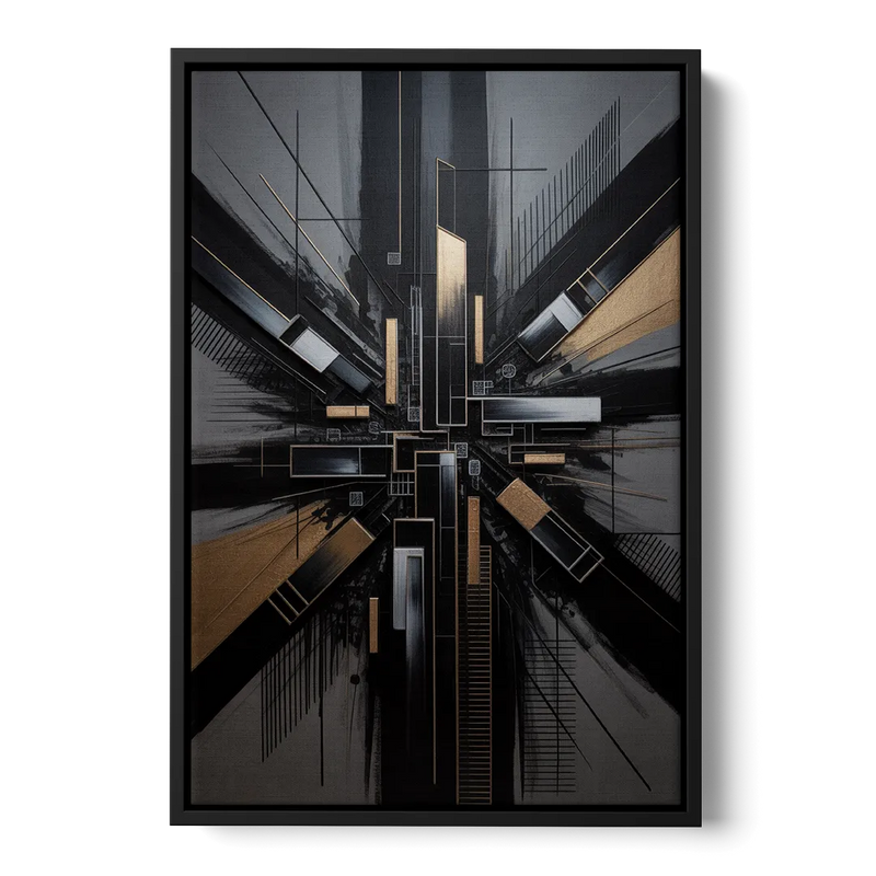 Geometric Cityscape Black Abstract Front - Black Canvas Wall Art