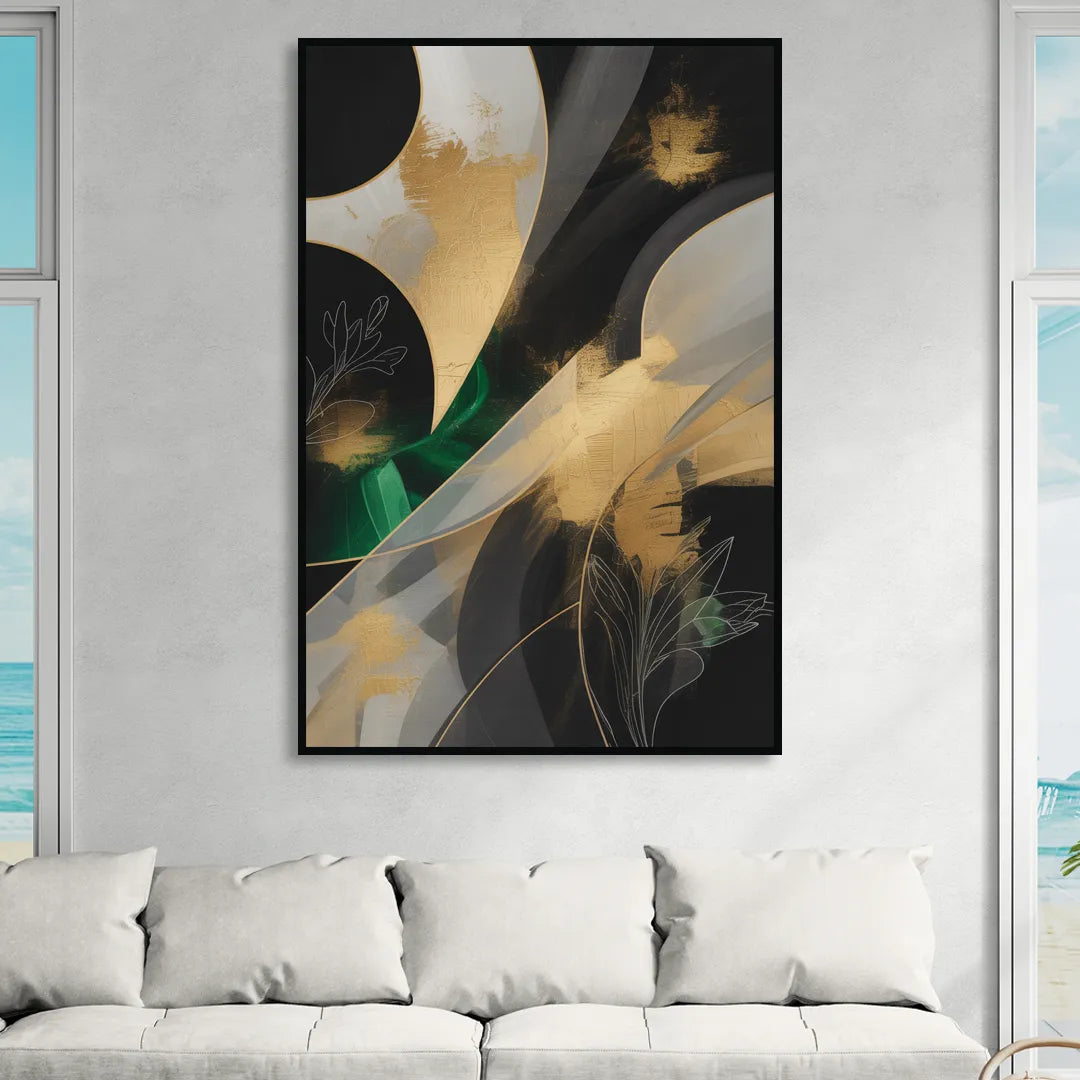 Geometric Elegance Black and Gold Abstract Living Room - Black Canvas Wall Art