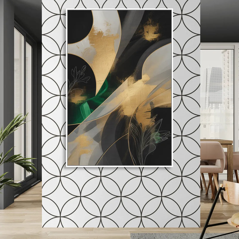 Geometric Elegance Black and Gold Abstract Living Room - White Canvas Wall Art