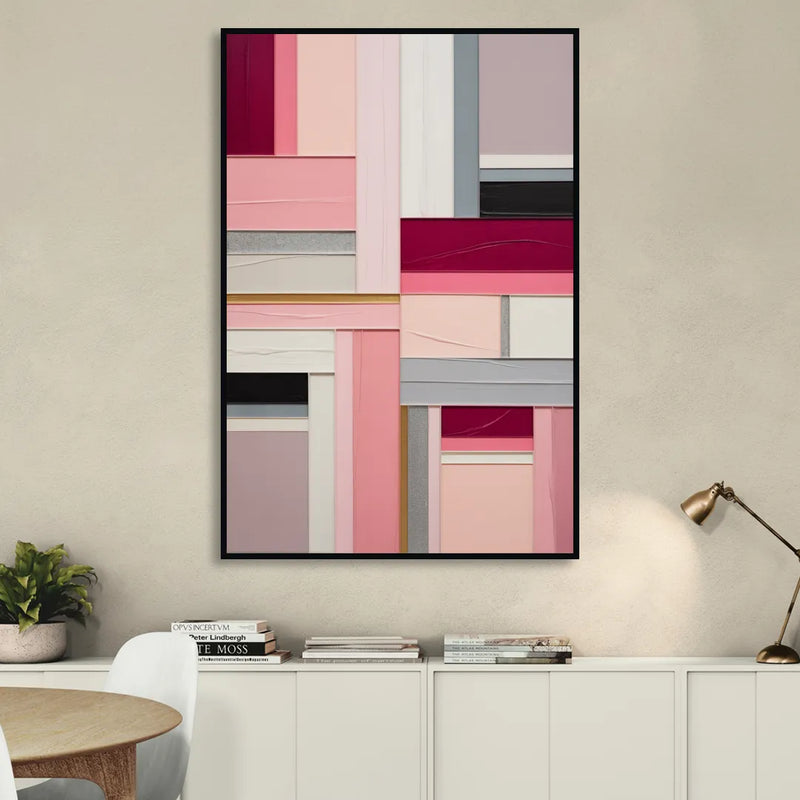 Geometric Elegance Pink Abstract Living Room - Black Canvas Wall Art