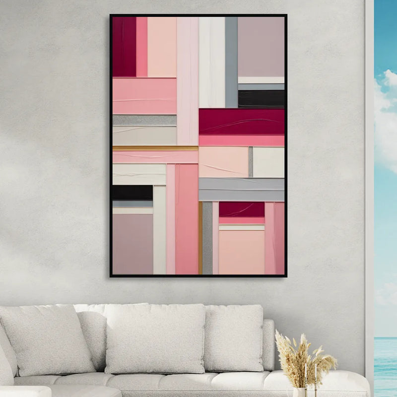Geometric Elegance Pink Abstract Sitting Room - Black Canvas Wall Art
