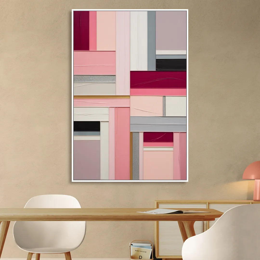 Geometric Elegance Pink Abstract Sitting Room - White Canvas Wall Art